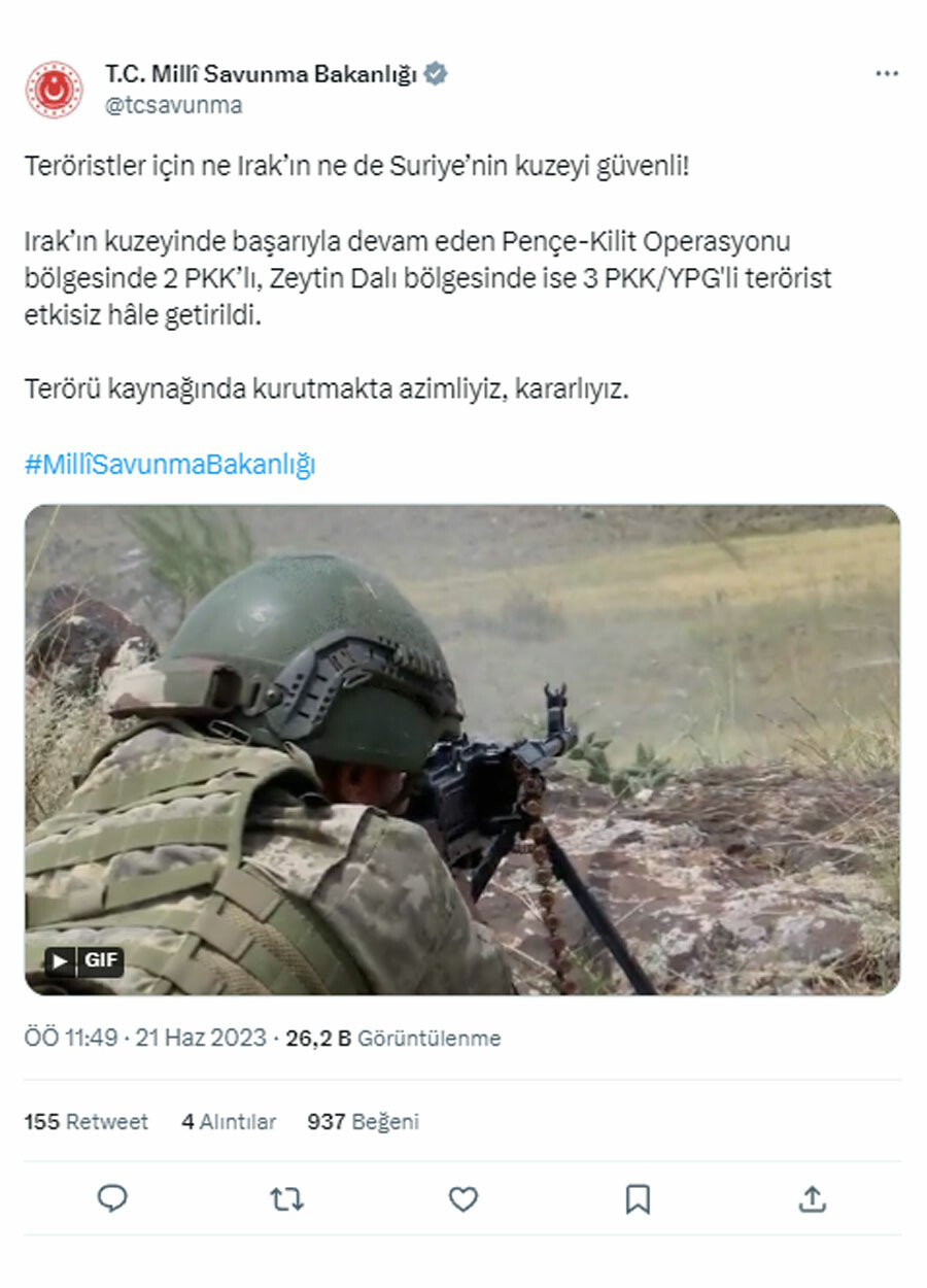 MSB duyurdu: 5 PKK'lı terörist etkisiz hale getirildi MSB duyurdu: 5 PKK'lı terörist etkisiz hale getirildi