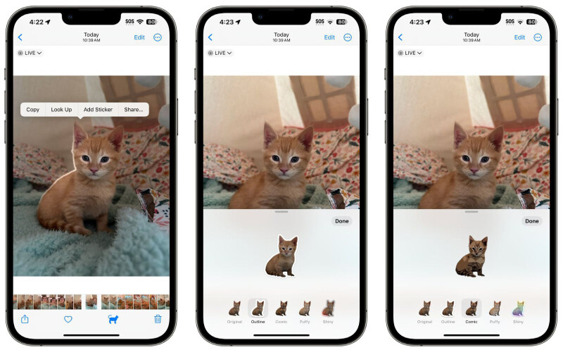 <p>iOS 17 ile fotoğraflar için gelen yeniliklerden biri de hareketli çıkartmalar oluşturma özelliği oldu. Live özelliğiyle çekilmiş fotoğraftan kopyalanan görsel; kabarık, ışıltılı ve daha fazla seçenekle yapıştırılabilecek. </p>