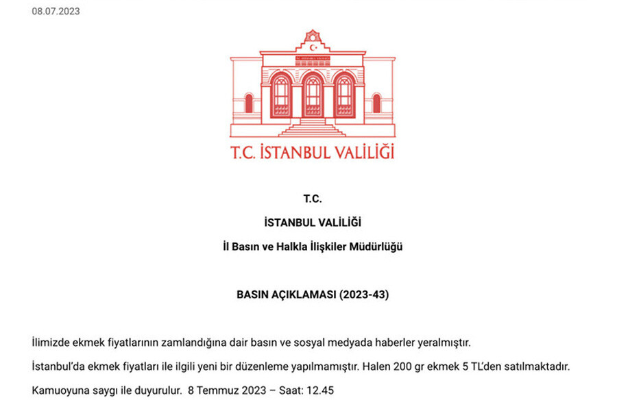 Son dakika: İstanbul Valiliği'nden ekmek zammı haberine yalanlama geldi Son dakika: İstanbul Valiliği'nden ekmek zammı haberine yalanlama geldi