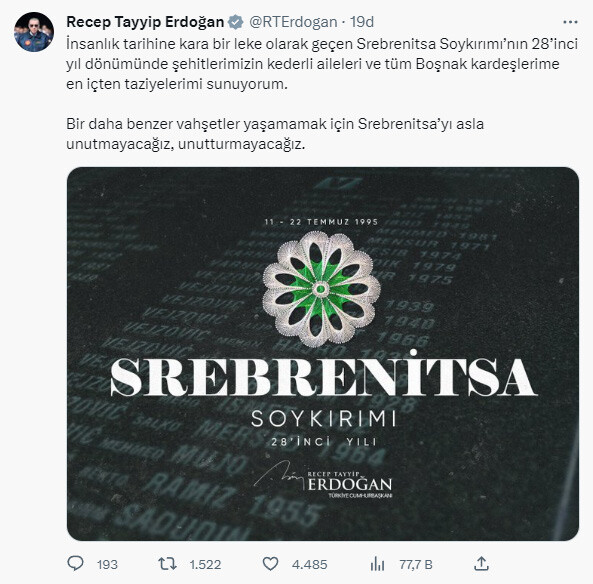Son dakika: Cumhurbaşkanı Erdoğan'dan Srebrenitsa mesajı: Asla unutmayacağız, unutturmayacağız! Son dakika: Cumhurbaşkanı Erdoğan'dan Srebrenitsa mesajı: Asla unutmayacağız, unutturmayacağız!