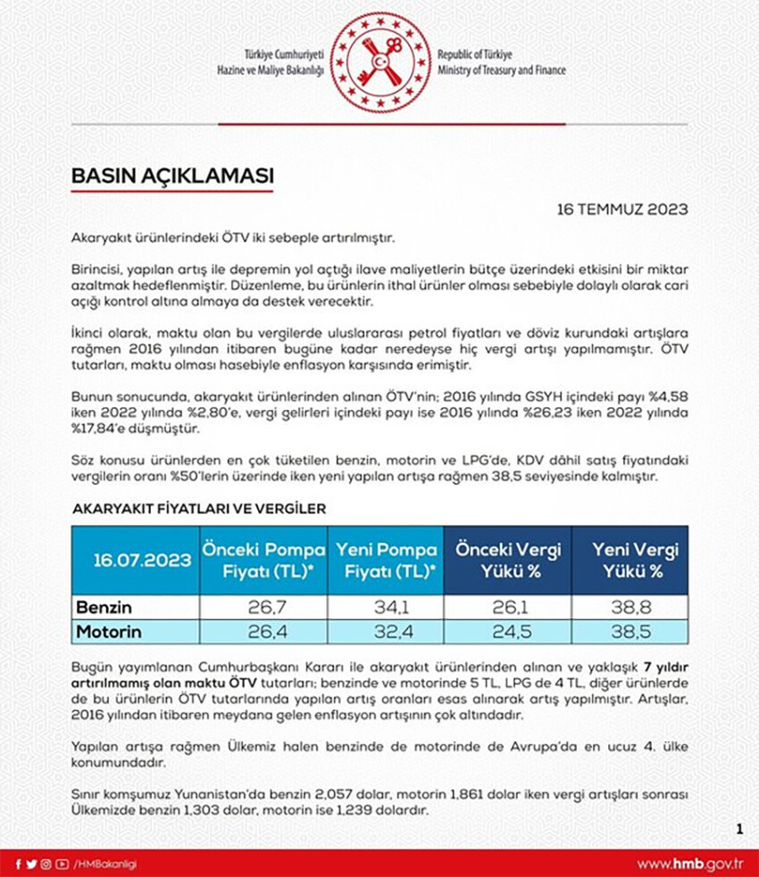 Hazine ve Maliye Bakanlığı akaryakıttaki ÖTV zammının sebeplerini açıkladı