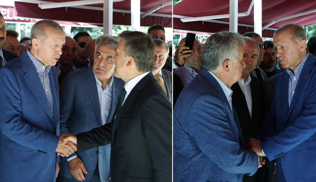 Cumhurbaşkanı Erdoğan, cenazede Abdullah Gül&#039;le selamlaştı, ayaküstü sohbet etti