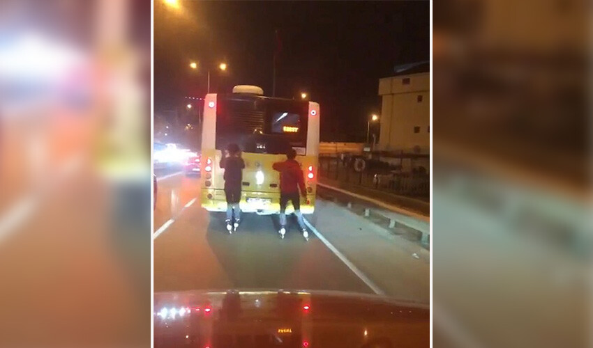 Tehlikeli yolculuklar kamerada: Patenli gençler otobüsün arkasına takıldı