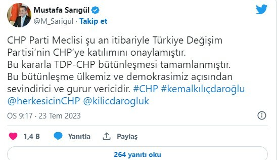Sarıgül açıkladı: TDP, CHP'ye resmen katıldı Mustafa Sarıgül tweet