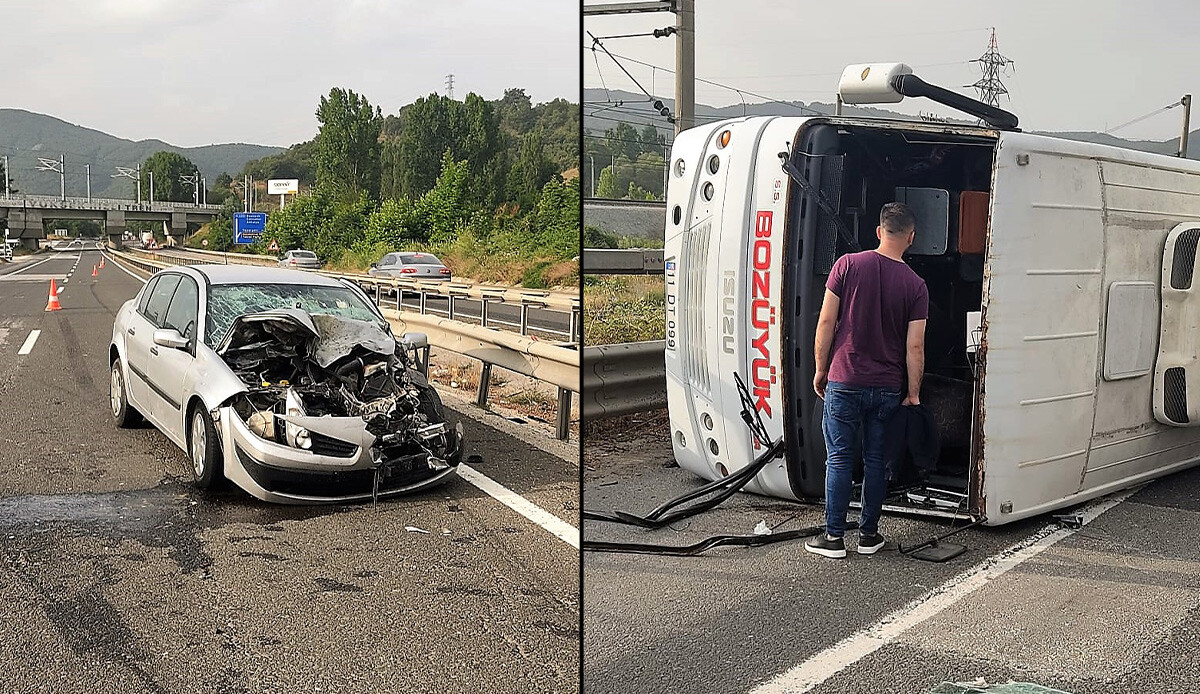Bilecik&#039;te feci kaza! Otomobilin çarptığı işçi servisi devrildi, çok sayıda yaralı var