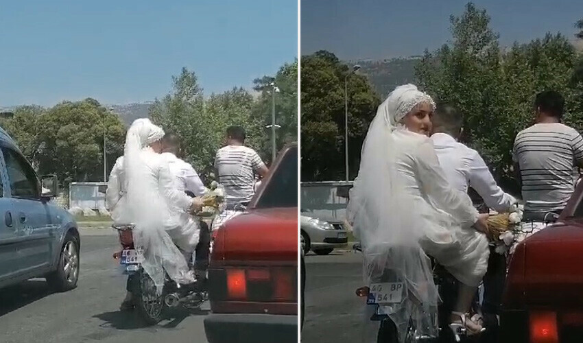 Gelin arabası değil gelin motorsikleti: Gören bir daha bakıyor