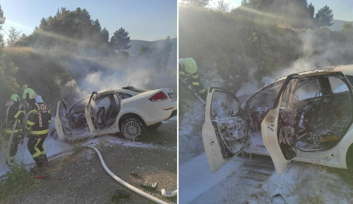 Bir anda alevlere teslim oldu! Araç şarampole uçtu Bir anda alevlere teslim oldu! Araç şarampole uçtu