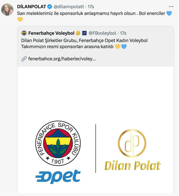 Dilan Polat Fenerbahçe’ye sponsor oldu, taraftardan yorum yağdı: Ooo enerciii… Dilan Polat Fenerbahçe’ye sponsor oldu, taraftardan yorum yağdı: Ooo enerciii…