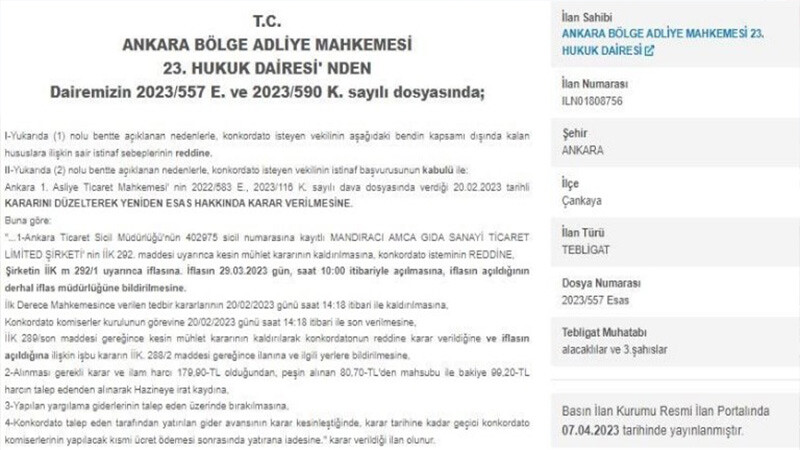 Mandıracı amca- iflas b&uuml;lteni