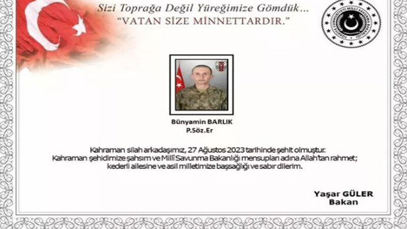 Cumhurbaşkanı Erdoğan'dan şehit Barlık'ın ailesine taziye mesajı Bünyamin Barlık- şehit