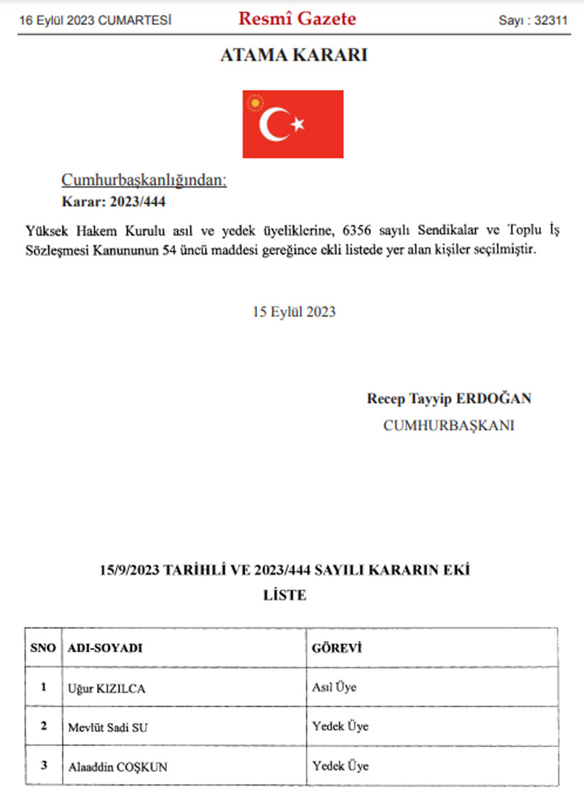 Resmi Gazete'de yayımlandı: Yüksek Hakem Kurulu'na yeni atamalar Resmi Gazete'de yayımlandı: Yüksek Hakem Kurulu'na yeni atamalar
