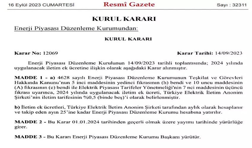 İletim ek ücreti kararı Resmi Gazete'de! Tüketiciye yansımayacak