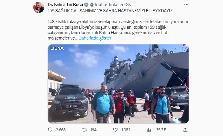 Türkiye'den selin vurduğu Libya'ya tam destek: Bakan Koca gönderilen sağlık çalışanı sayısını açıkladı Türkiye'den selin vurduğu Libya'ya tam destek: Bakan Koca gönderilen sağlık çalışanı sayısını açıkladı