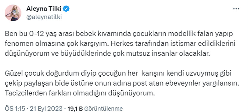 Aleyna Tilki’den çocuklarını fenomen yapan anne babalara eleştiri… Takipçileri gerçeği yüzüne vurdu Aleyna Tilki’den çocuklarını fenomen yapan anne babalara eleştiri… Takipçileri gerçeği yüzüne vurdu