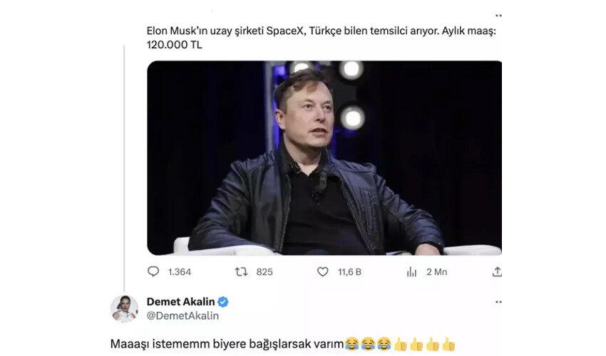 Elon Musk’ın iş ilanına talip olan Demet Akalın sosyal medyanın diline düştü, yorumlar kırdı geçirdi Elon Musk’ın iş ilanına talip olan Demet Akalın sosyal medyanın diline düştü, yorumlar kırdı geçirdi