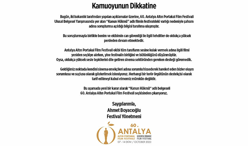 Altın Portakal'da 'belgesel' krizi! Bakanlık festivalden çekildi, yönetmenden açıklama geldi Altın Portakal'da 'belgesel' krizi! Bakanlık festivalden çekildi, yönetmenden açıklama geldi