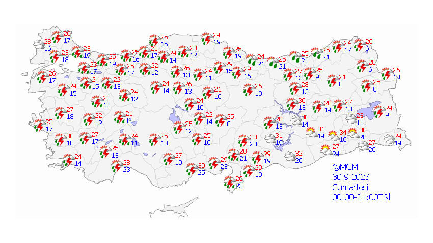 Meteoroloji'den 23 il için sarı kodlu alarm verildi: Çok kuvvetli geliyor! AKOM İstanbul için saat verdi (30 Eylül 2023 hava durumu) Meteoroloji'den 23 il için sarı kodlu alarm verildi: Çok kuvvetli geliyor! AKOM İstanbul için saat verdi (30 Eylül 2023 hava durumu)