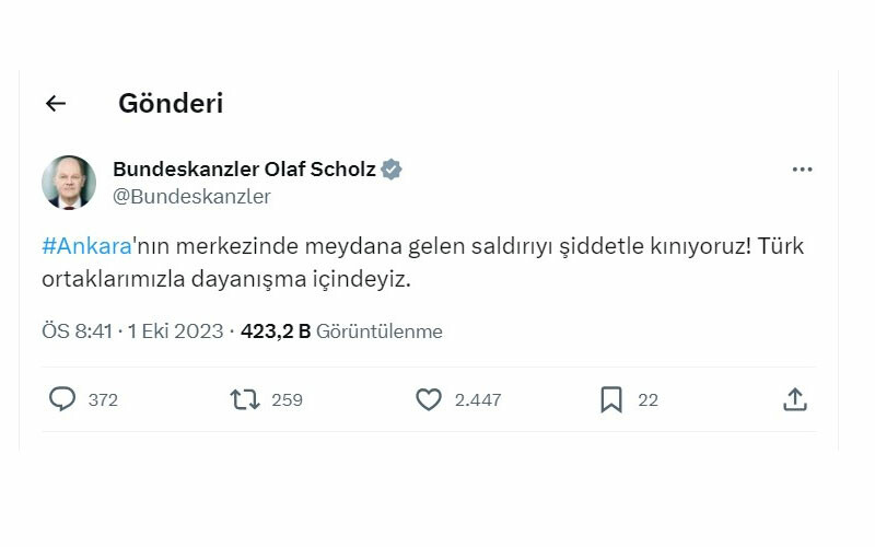 Almanya Başbakanı Scholz'dan Ankara'daki saldırıya Türkçe kınama: Türkiye ile dayanışma içindeyiz! Almanya şansölyesi Olaf Scholz, X üzerinden Türkçe paylaşım yaptı
