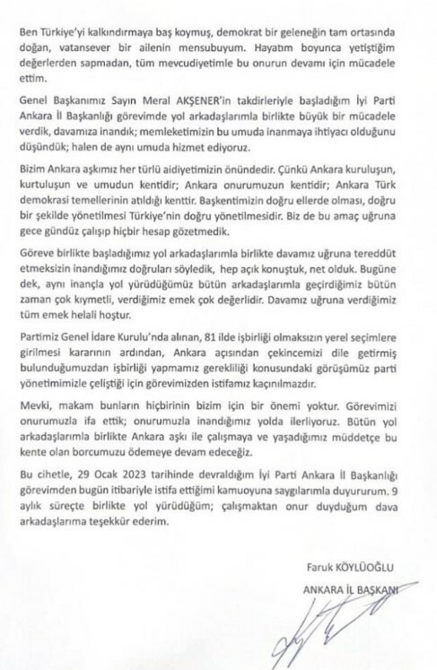 Faruk Köylüoğlu- iyi parti- istifa