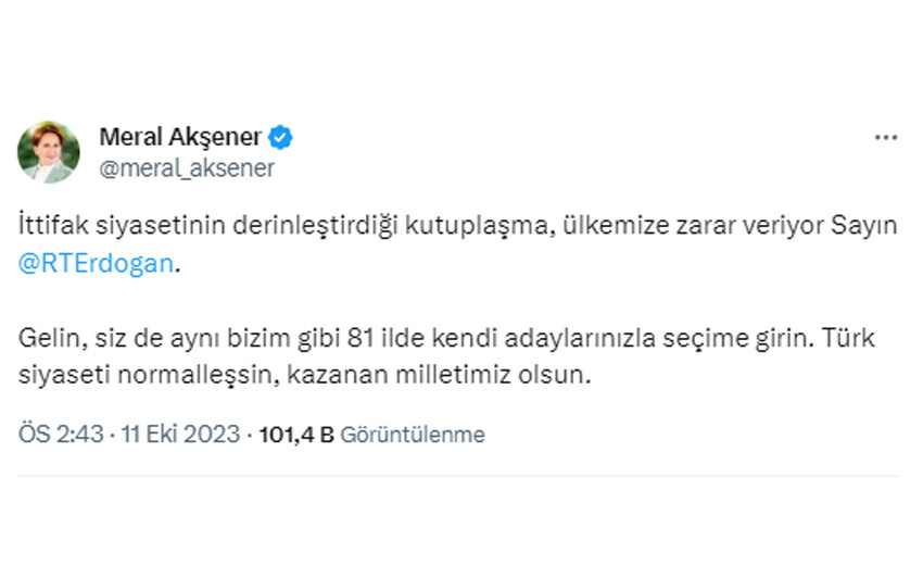 Akşener'den Cumhurbaşkanı Erdoğan'ın ittifak çağrısına jet cevap: Kazanan milletimiz olsun Akşener'den Cumhurbaşkanı Erdoğan'ın ittifak çağrısına jet cevap: Kazanan milletimiz olsun