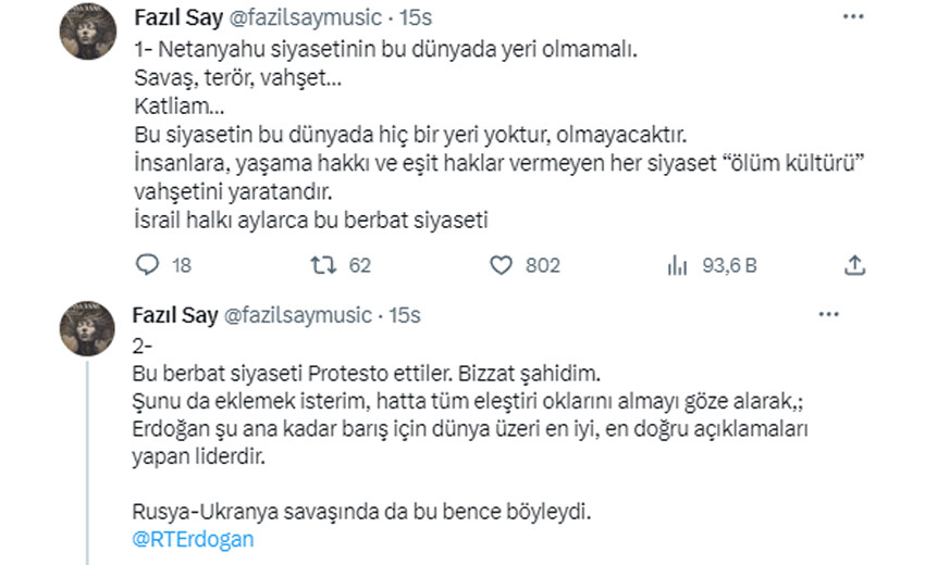 Fazıl Say’dan Erdoğan’a dış politika övgüsü: İsrail-Filistin çatışmasında en doğru açıklamaları yapan lider Fazıl Say’dan Erdoğan’a dış politika övgüsü: İsrail-Filistin çatışmasında en doğru açıklamaları yapan lider