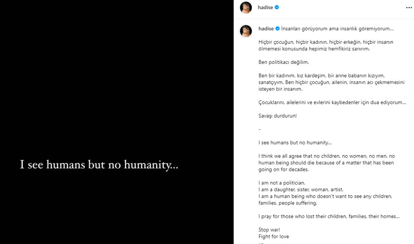 Hadise, İsrail-Hamas çatışmasına sessiz kalmadı: Savaşı durdurun
