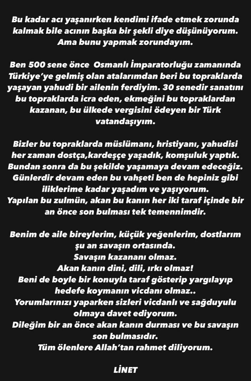 Gazze’deki saldırıya sessiz kalarak tepki çeken Linet kendisini savundu Gazze’deki saldırıya sessiz kalarak tepki çeken Linet kendisini savundu