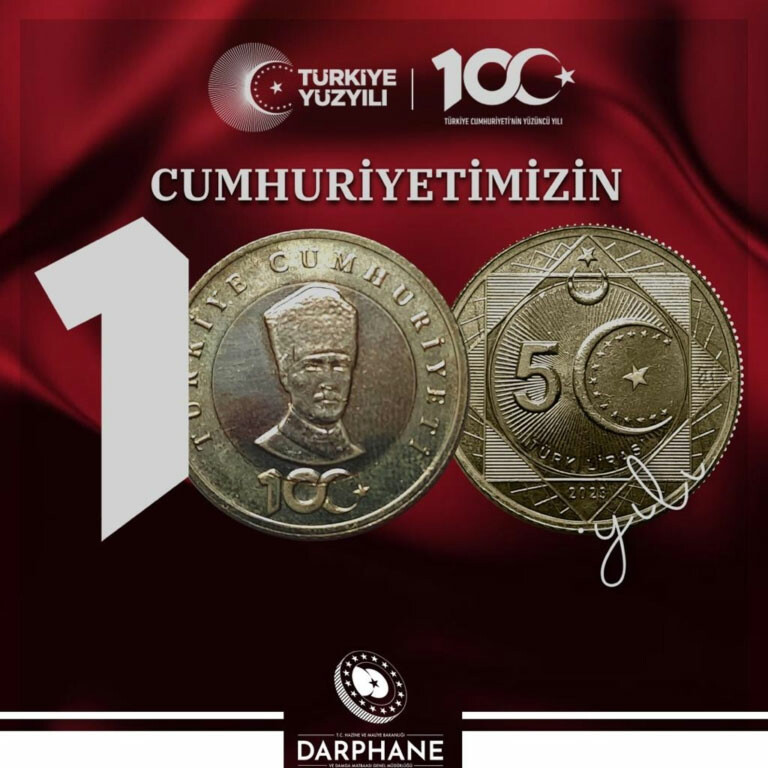 Cumhuriyet'in 100. yılına özel 5 TL hatıra parası: Darphane sınırlı sayıda bastı Cumhuriyet'in 100. yılına özel 5 TL hatıra parası: Darphane sınırlı sayıda bastı