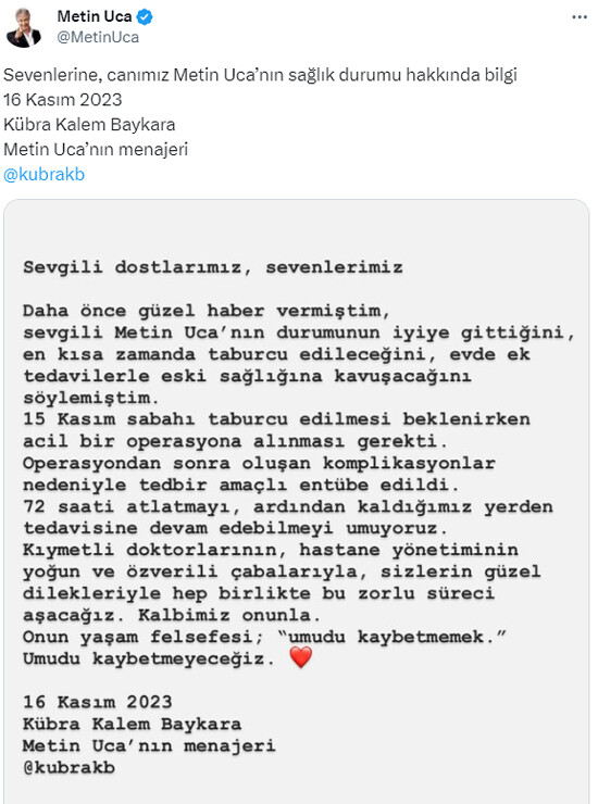 Metin Uca entübe edildi: 72 saat kritik Metin Uca entübe edildi: 72 saat kritik
