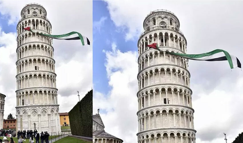 İtalya'da güvenliği delen öğrenciler Pisa Kulesi'ne Filistin bayrağı astı İtalya'da güvenliği delen öğrenciler Pisa Kulesi'ne Filistin bayrağı astı