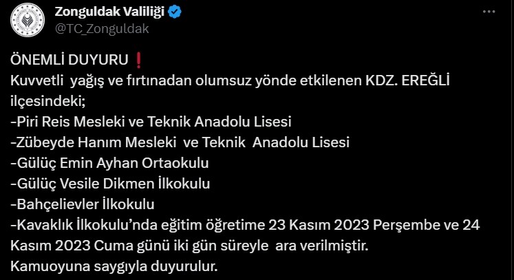 KDZ Ereğli yarın okullar tatil mi? 23-24 Kasım Zonguldak Ereğli okullar tatil mi, okul var mı? Zonguldak Valiliği açıklaması!