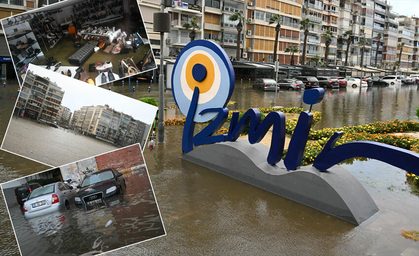 İzmir’de etkili olan fırtına yıktı geçti! Denizle kara birleşti, lüks otomobiller sular altında kaldı