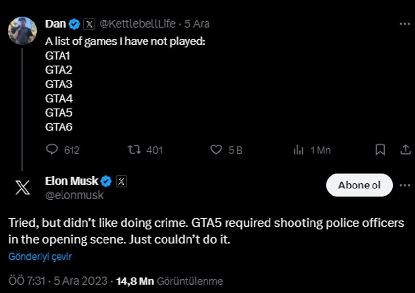 Elon Musk'ın GTA'yı sevmeme sebebi alay konusu oldu: 'Suç işlemek istemiyorum' musk gta