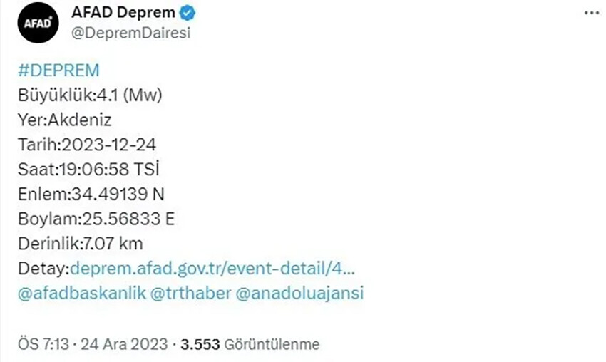 Akdeniz'de depremler peş peşe geldi! AFAD ilk verileri paylaştı Akdeniz'de depremler peş peşe geldi! AFAD ilk verileri paylaştı