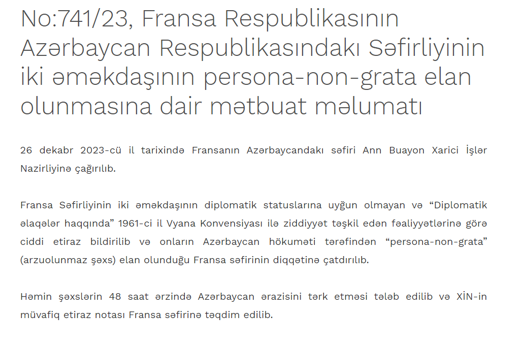 Azerbaycan, Fransız diplomatları ülkesinden kovdu! İstenmeyen kişi ilan edip 48 saat mühlet verdi