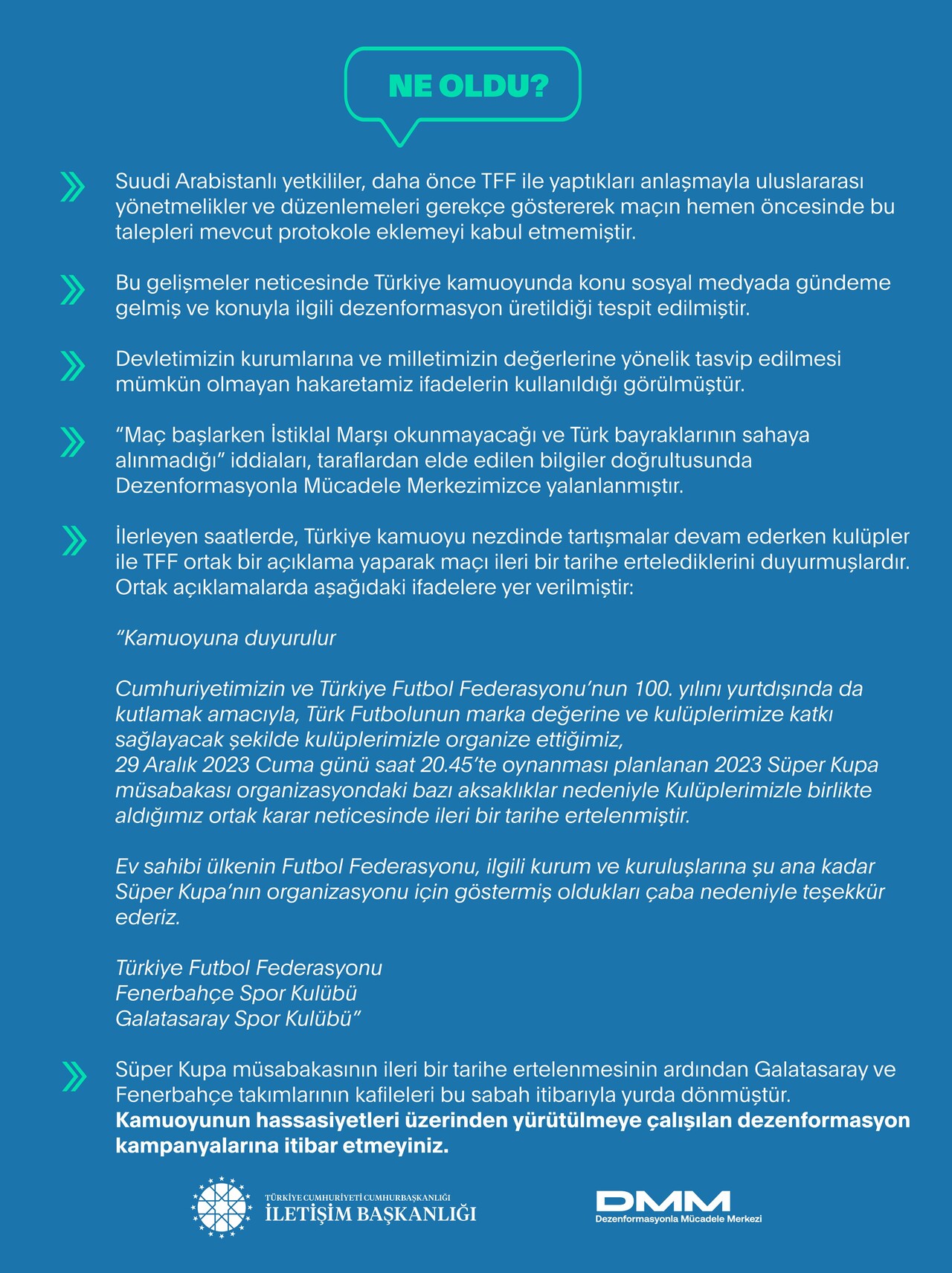 İletişim Başkanlığı'ndan Süper Kupa açıklaması: Suudi yetkililer kulüplerin son dakika talebini reddetti