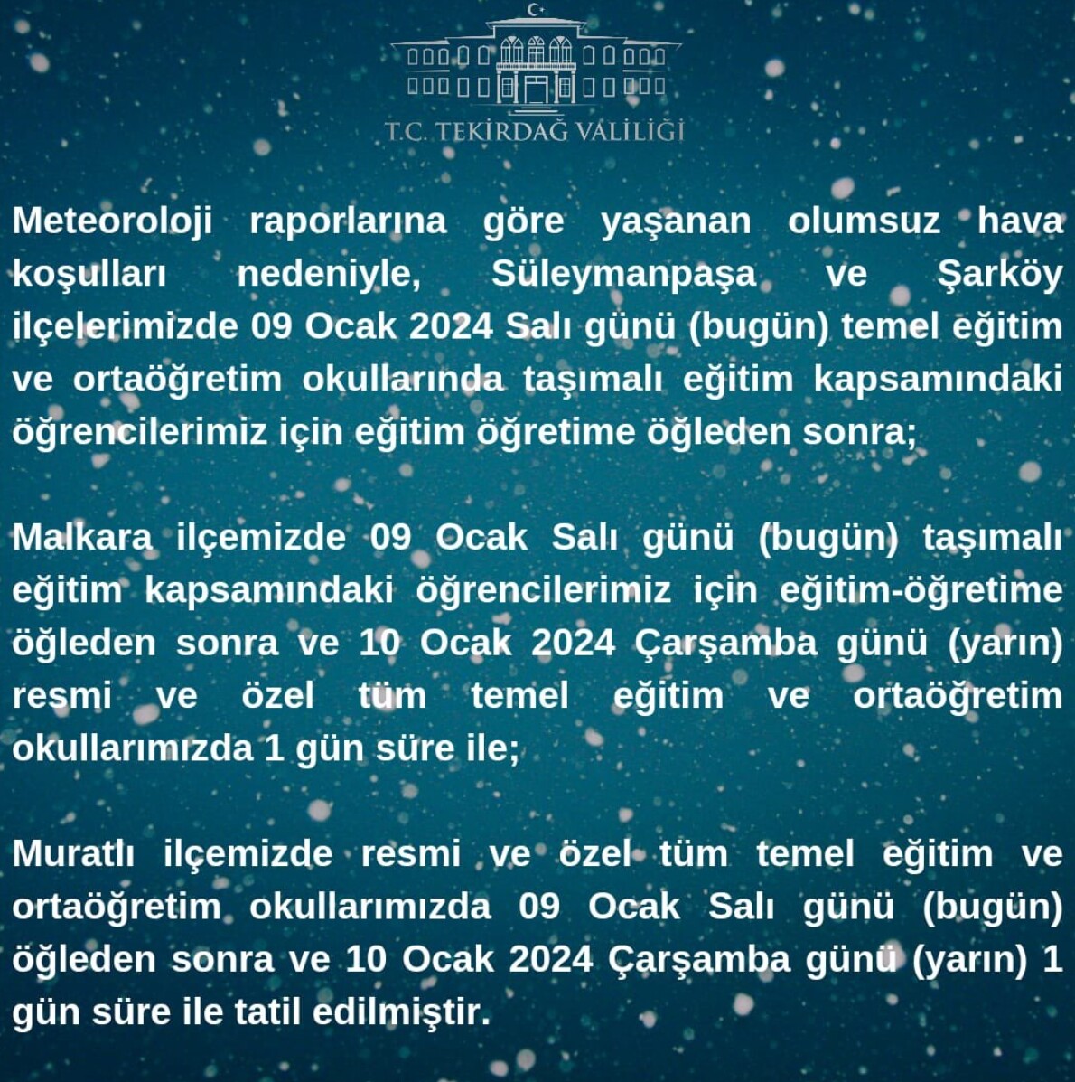 Tekirdağ’da okullar tatil mi? Kar yağışı nedeniyle Çorlu’da, Süleymanpaşa’da Şarköy’de okullar tatil mi?