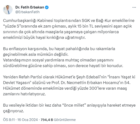 Emekliye yapılan zam memnun etmedi! Fatih Erbakan ve Şamil Tayyar'dan peş peşe tepkiler Emekliye yapılan zam memnun etmedi! Fatih Erbakan ve Şamil Tayyar'dan peş peşe tepkiler