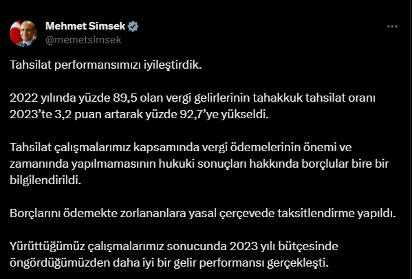 Vergi tahsilatı 2023'te rekor kırdı! Bakan Şimşek'ten ilk yorum