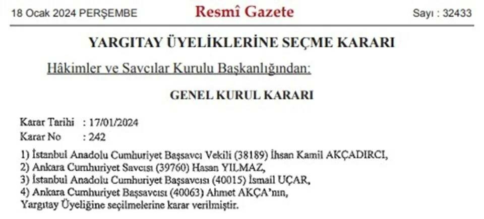 Yargıtay üyeliğine 4 yeni isim! HSK kararı Resmi Gazete’de