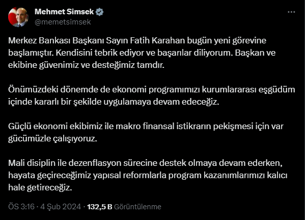 Bakan Şimşek'ten 'Fatih Karahan' açıklaması: Güvenimiz ve desteğimiz tam Bakan Şimşek'ten 'Fatih Karahan' açıklaması: Güvenimiz ve desteğimiz tam