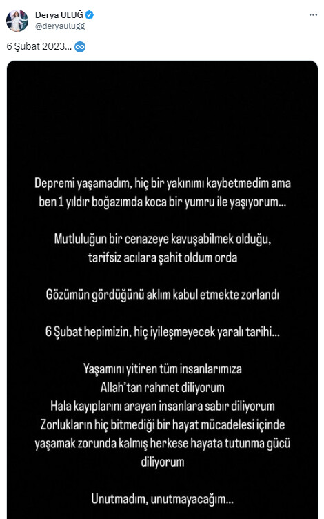 Depremin 1. yıl dönümünde ünlülerden duygu yüklü paylaşımlar: ‘O sabahtayız hâlâ, aynı kederde, aynı günde kalakaldık öyle’ Depremin 1. yıl dönümünde ünlülerden duygu yüklü paylaşımlar: ‘O sabahtayız hâlâ, aynı kederde, aynı günde kalakaldık öyle’