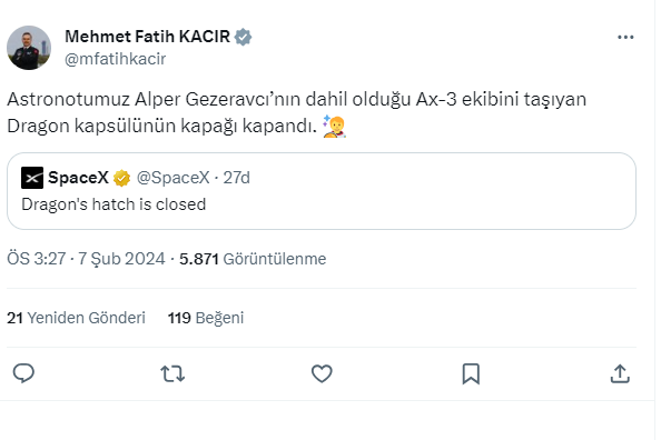 Astronot Alper Gezeravcı'nın Dünya'ya dönüş yolculuğu başladı Astronot Alper Gezeravcı'nın Dünya'ya dönüş yolculuğu başladı