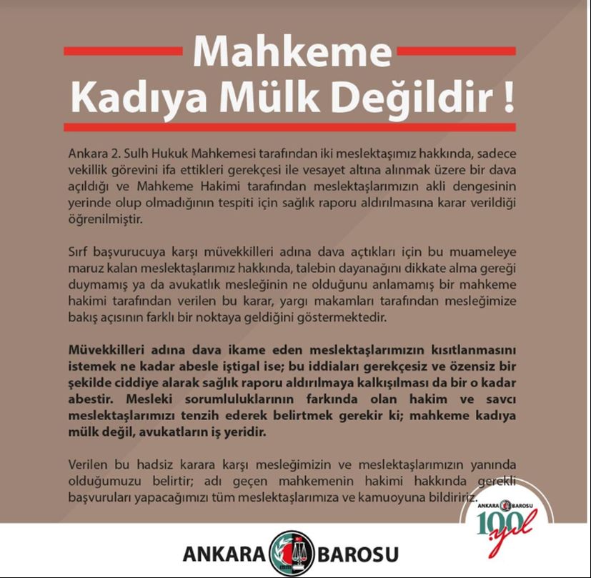 Sulh Ceza Hakimi'nin tartışmalı 'vasi' kararına Ankara Barosu'ndan sert tepki: Mahkeme kadıya mülk değildir Sulh Ceza Hakimi'nin tartışmalı 'vasi' kararına Ankara Barosu'ndan sert tepki: Mahkeme kadıya mülk değildir - 1. Resim