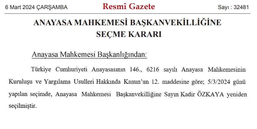 Kadir Özkaya yeniden AYM Başkanvekili seçildi! Karar Resmi Gazete'de yayımlandı - 1. Resim