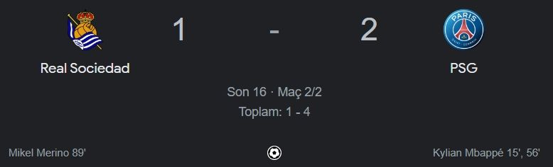 Real Sociedad-PSG maçı 2-1’lik PSG üstünlüğü ile sona erdi! PSG çeyrek finale yükseldi Real Sociedad-PSG maçı 2-1’lik PSG üstünlüğü ile sona erdi! PSG çeyrek finale yükseldi - 1. Resim