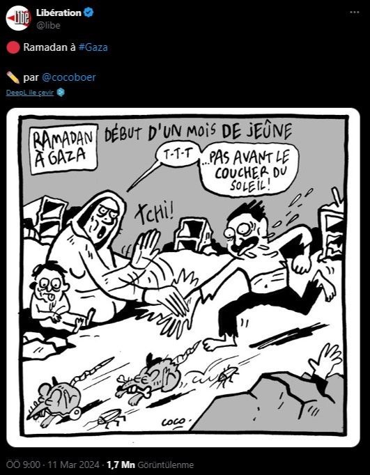 Fransız gazetesinde skandal karikatür! Gazzelilerin açlığıyla dalga geçti - 1. Resim