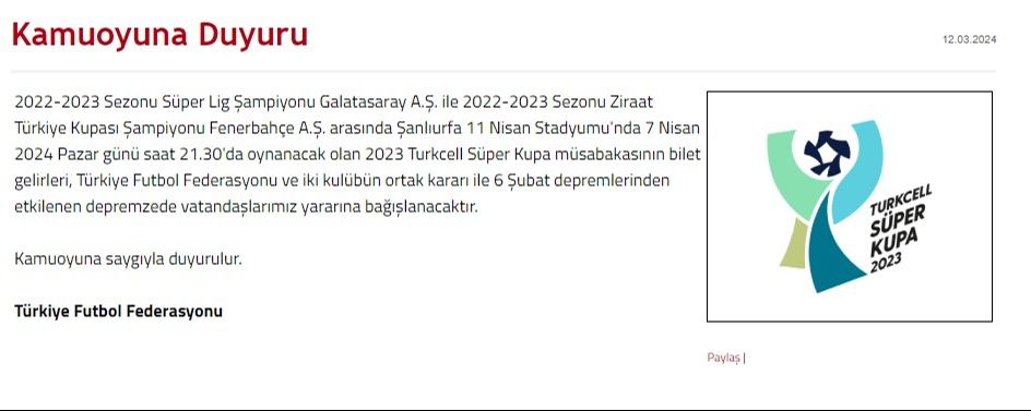 2 kez ertelenen Süper Kupa finali hakkında TFF'den bir açıklama daha! Galatasaray-Fenerbahçe... - 1. Resim