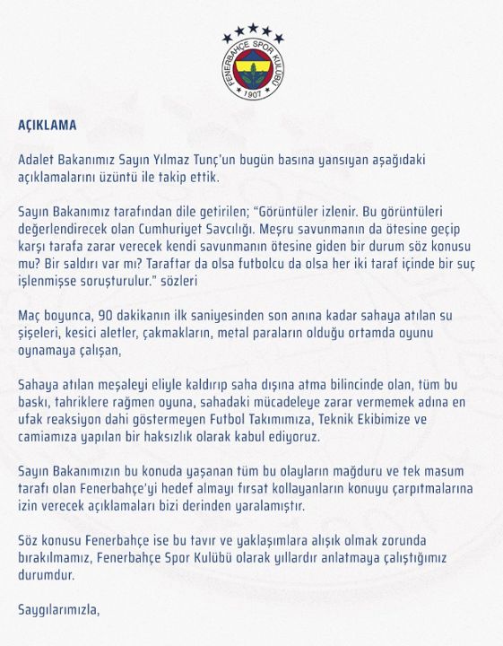 Olaylı derbi gündemden düşmüyor! Fenerbahçe'den Bakan Tunç'a jet cevap - 1. Resim