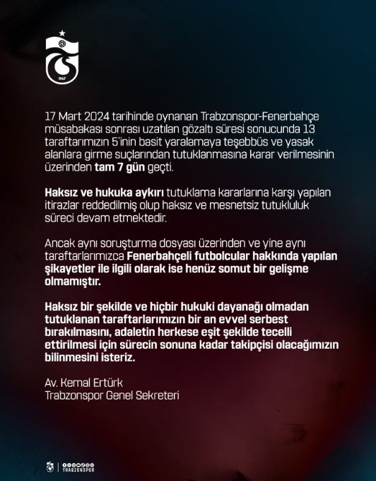 Trabzonspor'dan Fenerbahçe maçı sonrası tutuklanan 5 taraftar için açıklama! Yaptıkları itiraz reddedilmişti Trabzonspor'dan Fenerbahçe maçı sonrası tutuklanan 5 taraftar için açıklama! Yaptıkları itiraz reddedilmişti - 1. Resim